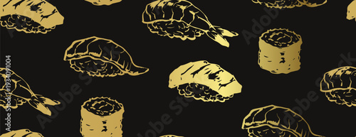 sushi rolls japanese chinese seamless golden vector pattern ink design 