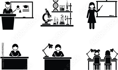 Black and white silhouette icons, education activities, graduation podium, science lab, teaching board, student study desk, academic learning, collaboration, flavector
