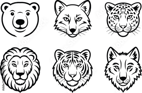 Photography Featuring faces of six different wild animals, Bear, Fox, Leopard, lion, Tiger and Wolf icon set