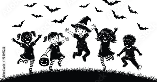 Black and white silhouette illustration, children Halloween costumes, witch hat, pumpkin bucket, bats flying, festive scene, playful celebration, spooky theme, flavector