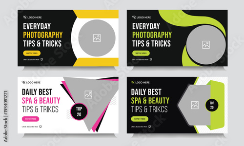 Multipurpose tips and tricks video thumbnail banner design, spa and beauty photography video cover banner design, bundle video thumbnail banner design, vector eps 10 file form