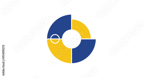Abstract geometric design with blue and yellow segments arranged in a circular formation.