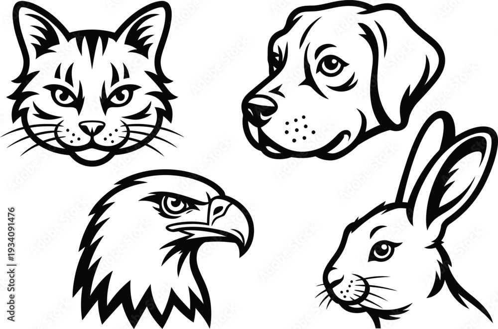 Obraz premium Four animal head illustrations, cat, dog, eagle and rabbit