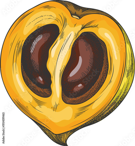 Half of a tropical Peruvian lucuma fruit, hand-drawn watercolor sketch.