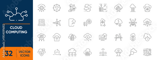 Cloud Computing Icon Set. Containing Cloud, Services, Storage, Server, Backup and more. Editable vector Line icons collection.