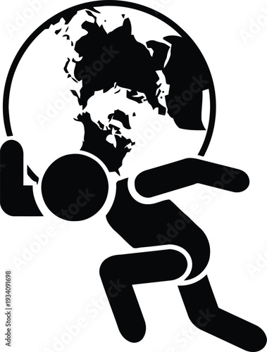 Silhouette of a man carrying the world globe on his back representing global responsibility or heavy workload concept