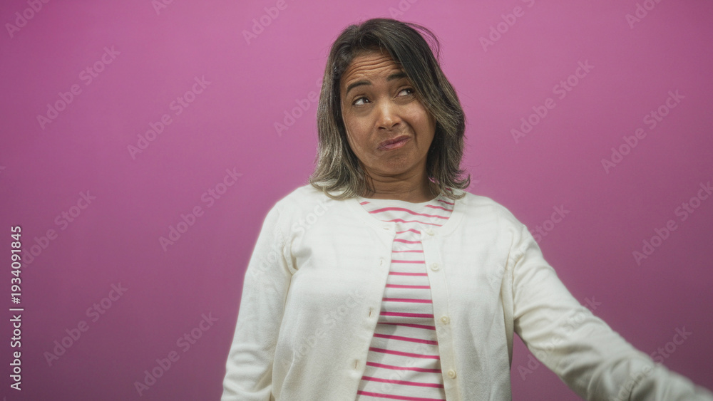 Fototapeta premium Middle-aged woman scratching head with hand and closed eyes wearing white cardigan and striped shirt in studio against pink backdrop; confusion.