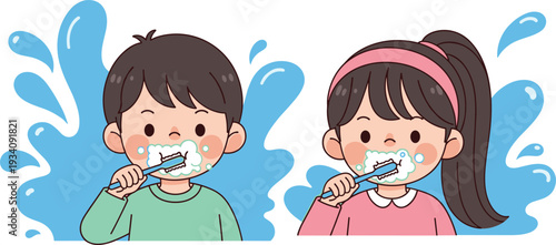 Cute children brushing teeth with toothpaste foam, oral hygiene illustration promoting dental care and healthy habits isolated background
