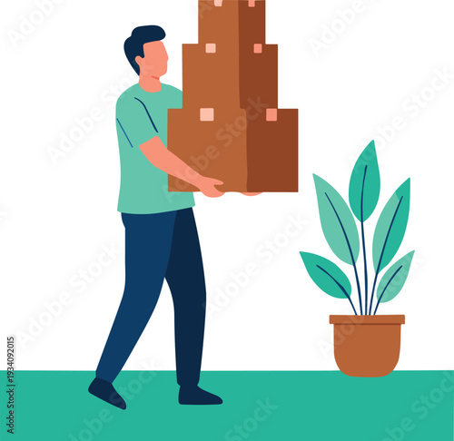 Delivery man carrying cardboard box indoors, flat illustration of moving service and home relocation isolated on white background