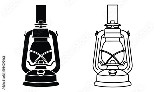 Vintage Kerosene Lantern Icons, Solid Black Silhouette and Outline