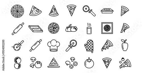 A minimalist black outline pizza icons pack displayed in an evenly spaced horizontal composition on a solid white background. The set includes line art symbols of whole pizza, sliced pizza, pizza box 