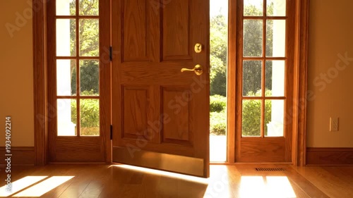Wallpaper Mural Sunlight streams through wooden front door into home interior Torontodigital.ca