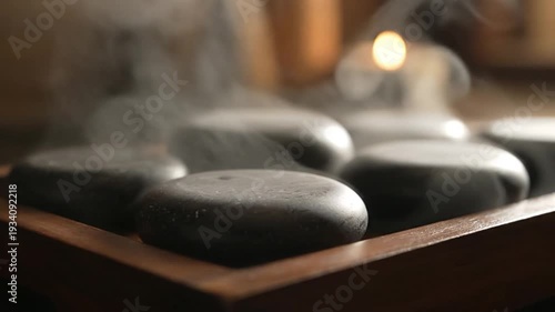 Wallpaper Mural Steaming hot massage stones in wooden tray for spa treatment Torontodigital.ca