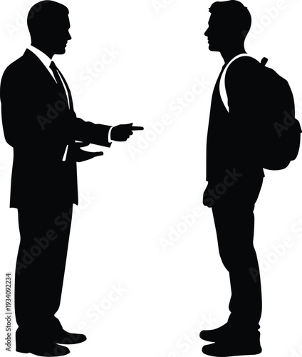 Black and white silhouette illustration, professional in suit gesturing, student with backpack listening, mentoring conversation scene, advisory interaction, guidance, flavector