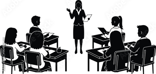 Black and white silhouette illustration, teacher clipboard, students desks, classroom learning, education concept, study environment, group activity, teaching interaction, flavector