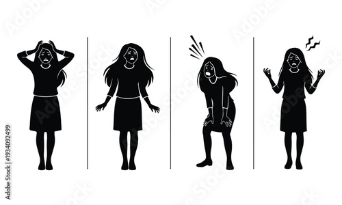 Woman Stress, Sadness, Pain, Anger Emotional Distress Silhouette Set