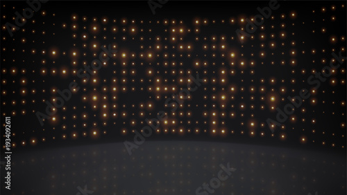 Flashing gold background led disco wall lights, stage. Golden glowing dots light bulbs abstract dark background, backdrop. Bright flicker stage lights. Futuristic dot pattern. Vector illustration