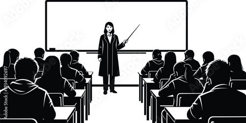 Black and white silhouette illustration, teacher pointing whiteboard, students seated desks, classroom learning, education concept, study environment, teaching process, academic scene, flavector