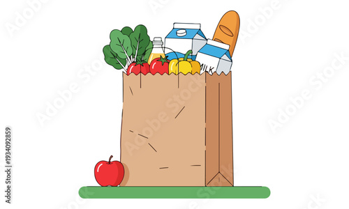 Groceries in a Brown Paper Bag with Fresh Food and Milk