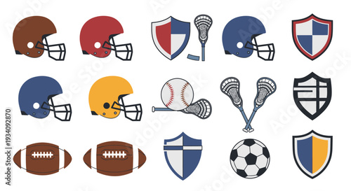Vector collection of sports equipment and team emblems. Features American football helmets, lacrosse gear, baseball, soccer ball, and various shield logos.