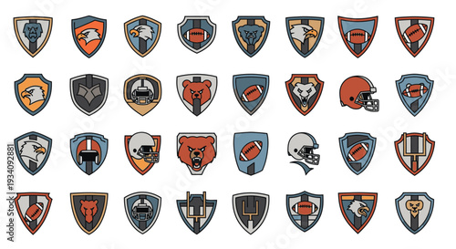 Collection of American football team emblems and mascot shields, including eagles, bears, and footballs, in a modern vector icon set.