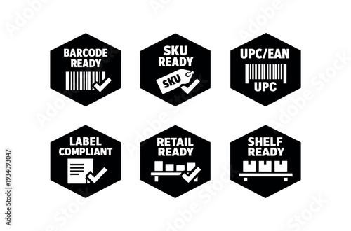 Flat vector hexagon badge solid black hexagon background badge texts and icons: BARCODE READY barcode checkmark SKU READY tag SKU checkmark UPC/EAN barcode UPC LABEL COMPLIANT label sheet