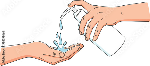 Hand applying sanitizer gel from pump bottle, hygiene concept illustration showing hand cleaning and personal protection isolated on white background
