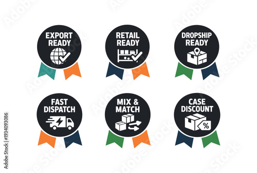 Flat vector ribbon badge two ribbon below circle //orange/green badge texts and icons: EXPORT READY globe checkmark RETAIL READY shelf checkmark DROPSHIP READY box pin FAST DISPATCH truck