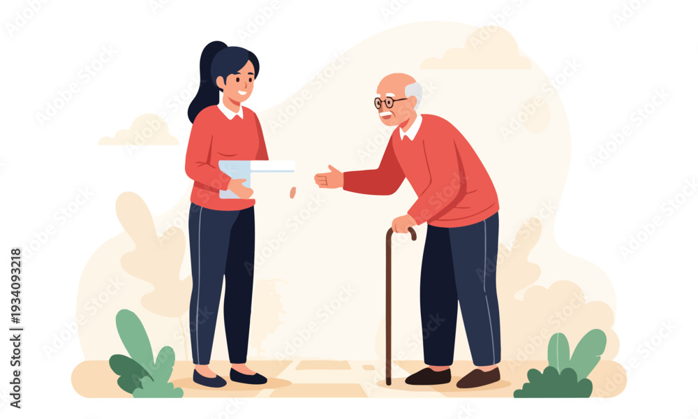 Fototapeta premium Young woman helping senior man with package delivery
