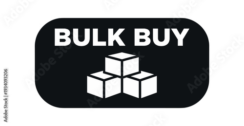Flat vector pill badge solid black rounded capsule background BULK BUY simple white stacked boxes