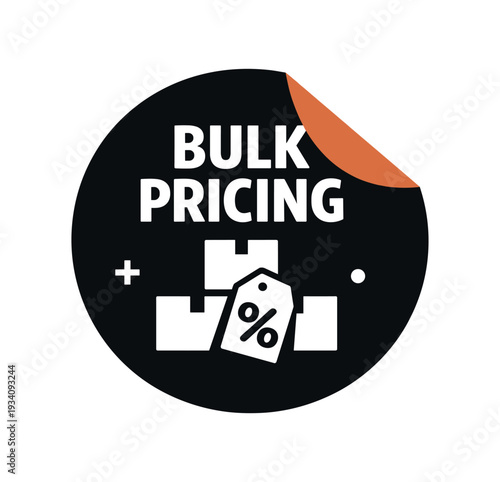 Flat vector sticker peel badge solid black sticker with peeled corner muted orange BULK PRICING simple white boxes with percent tag