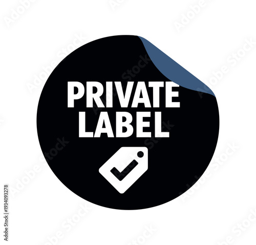 Flat vector sticker peel badge solid black sticker with peeled corner PRIVATE LABEL simple white tag with checkmark