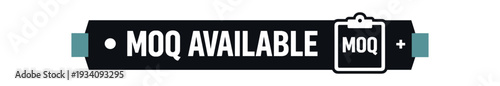 Flat vector label strip badge MOQ AVAILABLE simple white clipboard with MOQ pictogram beside text small tabs