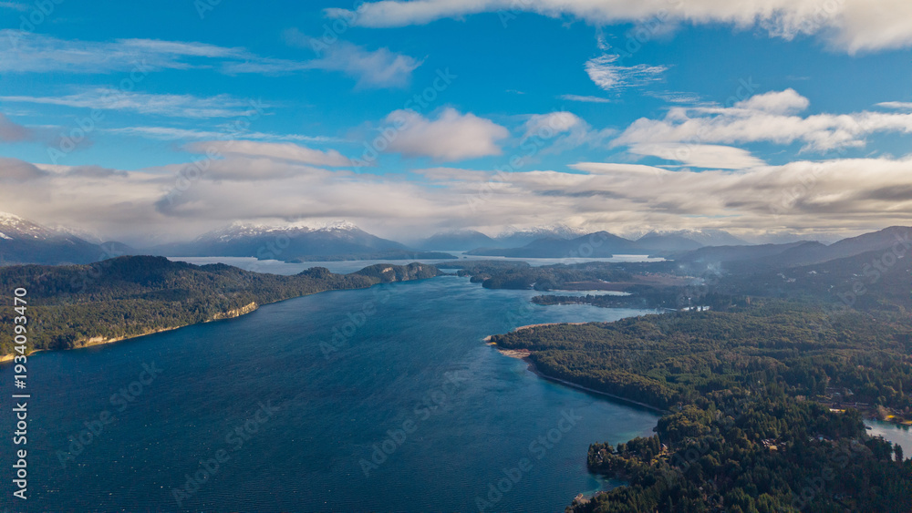 Obraz premium Panoramic aerial view of San Patricio Bay and Nahuel Huapi Lake in Villa La Angostura, Patagonia, Argentina.
