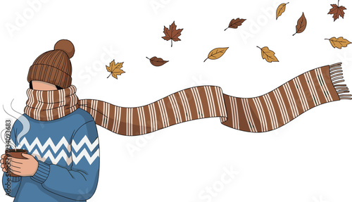 Cozy autumn scene with woman in warm scarf holding hot drink, falling leaves and seasonal lifestyle illustration artwork