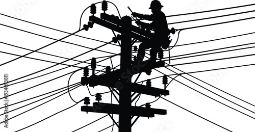 Electric lineman working on utility pole, silhouette vector illustration of power line maintenance technician repairing overhead electrical distribution system
