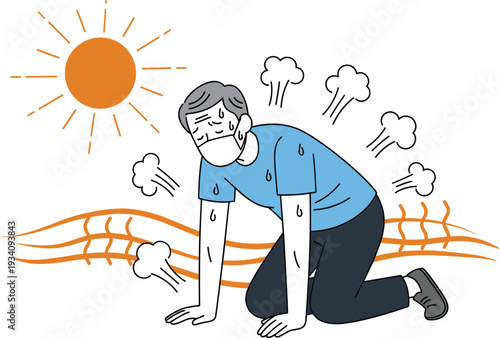 Man suffering from extreme heat under hot sun, heatstroke dehydration and climate change concept illustration artwork