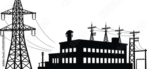 Electric power plant and high voltage transmission towers silhouette, industrial energy station with pylons and power lines vector illustration isolated on white background