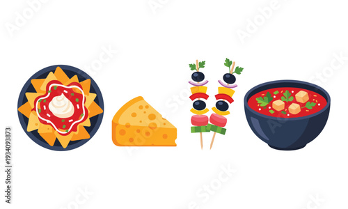 Nachos, Cheese Wedge, Skewers, and Soup Bowl Food Icons Vector