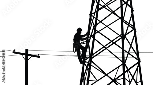 Electric utility worker climbing transmission tower, silhouette vector illustration of power line technician performing maintenance on high voltage infrastructure