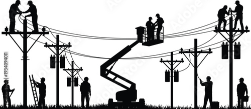 Electricity workers repairing power lines on utility poles, linemen maintenance crew with bucket truck, high voltage electrical distribution network silhouette vector illustration