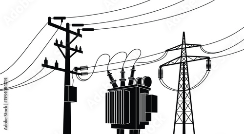 Black silhouette of high voltage power lines, electrical transformer, and transmission tower utility poles isolated on white background, industrial energy infrastructure vector.