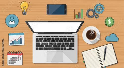 Business workspace with laptop coffee and office supplies on wooden desk representing productivity and planning