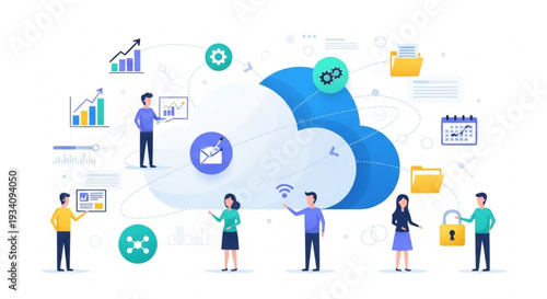 People interacting with cloud computing symbols and icons for data storage and security