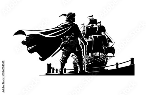 Marco Polo Explorer Silhouette on Ship, Historical Travel and Silk Road Vector Sticker, Adventure and Discovery Icon