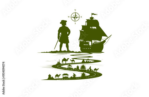 Marco Polo Explorer Silhouette on Ship, Historical Travel and Silk Road Vector Sticker, Adventure and Discovery Icon