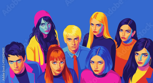 Vibrant Pop Art Group Portrait of Diverse Young Adults with Intense Gazes