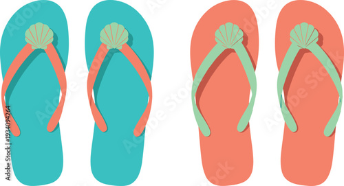 Colorful summer flip flops with seashell detail, beach sandal collection, tropical vacation footwear illustration artwork