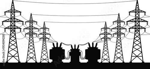 High voltage power transmission towers and transformers silhouette, black and white vector illustration of electrical grid infrastructure and energy distribution network system