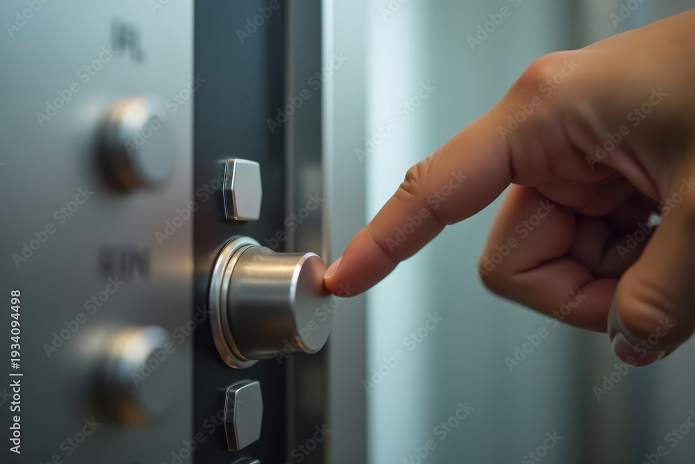 Naklejka premium Pressing Elevator Button. Modern Lift Control. Finger On Metal Panel